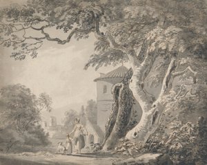 Paisagem Romântica com figuras e um cão de Paul Sandby