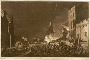 Castelo de Windsor do tribunal inferior no dia 5 de novembro - fogos de artifício de Paul Sandby