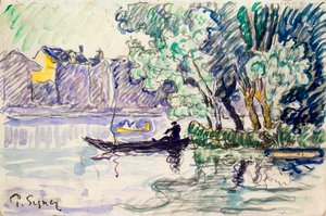 Pescador em um barco perto de um banco do Sena, c1900 de Paul Signac