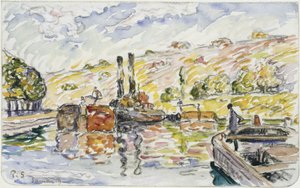 Paisagem fluvial com rebocadores e barcaças de Paul Signac