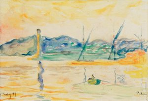 Entrada portuária de Saint-Tropez ao pôr do sol de Paul Signac