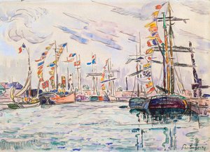 Veleiros com bandeiras do feriado em um cais em Saint Malo, de 1920. de Paul Signac