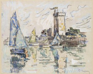 Vista do porto em Les Sables-d&39;Olonne (giz preto com aquarela em papel de seda, colocado sobre papel tufado amarelo pálido) de Paul Signac
