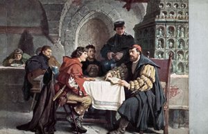 Martin Luther em conversa com os alunos no Gasthof der Baren, Jena, Alemanha, março de 1522