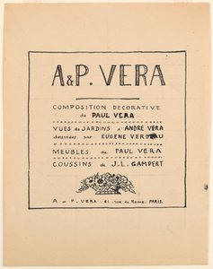 Desenho, página de título, A & P Vera, composição decorativa de Paul Vera/Vistas de André Vera desenhadas por Eugène Verdeau/Mobiliário de Paul Vera/Cushions de J. L. Gampert, 1912-19 de Paul Vera