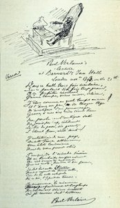 Sinal poético do poeta francês Paul Verlaine (1844-1896) com esboço do representante durante uma leitura. 21/11/1893