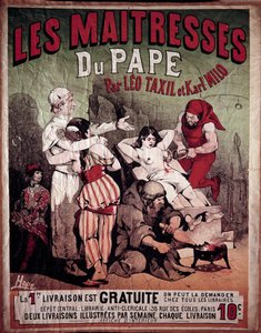 Cartaz para "As Maitres do Papa" de Leo Taxil (1854-1907) e Karl Milo, livro anticlerical de 1884. Uma mulher é representada torturada no pelourinho, um carrasco perfura-lhe o peito. Ilustração de Hode, século XX. Coleção particular