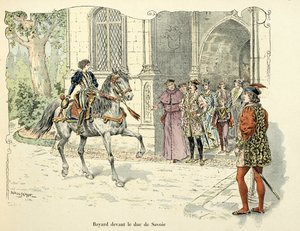 Ilustração retirada do livro "Histoire du chevalier Bayard", de Theodore Cahu, ilustrado por Paul De Semant (1855-1915): Bayard de 11 anos antes do Duque de Savoy 1486 de Paul de Semant