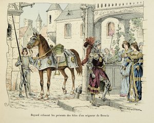 Ilustração retirada do livro "Histoire du chevalier Bayard" de Theodore Cahu, ilustrado por Paul De Semant (1855-1915): Bayard recusando os presentes das filhas de um senhor de Brescia 1512 de Paul de Semant