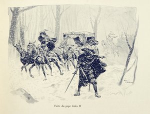 Ilustração retirada do livro "Histoire du chevalier Bayard" de Theodore Cahu, ilustrado por Paul De Semant (1855-1915): Vôo do Papa Júlio II de Paul de Semant