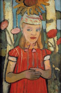 Garota de vestido vermelho na frente do girassol, 1907. de Paula Modersohn Becker