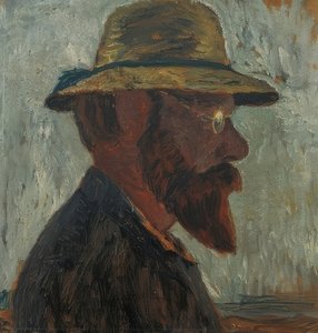 Otto Modersohn com um chapéu de palha no perfil à direita. Por volta de 1905 de Paula Modersohn-Becker