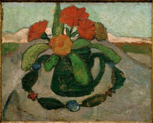 Natureza morta com malmequeres na frente da paisagem de Paula Modersohn Becker