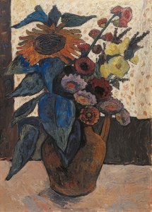 Ainda vida com girassóis, hollyhocks e georgines. 1907 de Paula Modersohn Becker
