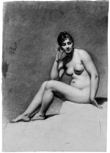 Uma mulher nua sentada, com a cabeça virada para a direita e um estudo caricatural de sua cabeça (giz no papel)