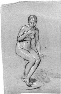 Uma mulher nua sentada, olhando para baixo (giz no papel)