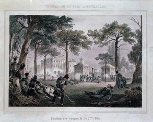 Tropas no Parc Royal, Bruxelas, 25 de Setembro de 1830, gravadas por Dewasme-Pletinckx (cor litho) de Paulus (after) Lauters