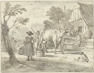 Agricultores com uma vaca em frente da casa de Paulus Constantijn la Fargue