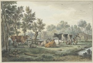 Prado com vacas sendo ordenhadas