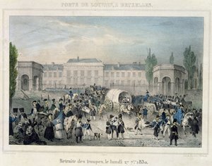 Porte de Louvain, Bruxelas: O Retiro das Tropas Holandesas, 27 de setembro de 1830, gravado por Dewasme-Pletinckx
