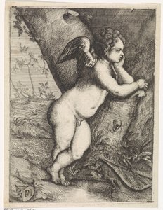 Amor meditando por um tronco de árvore de Paulus Moreelse