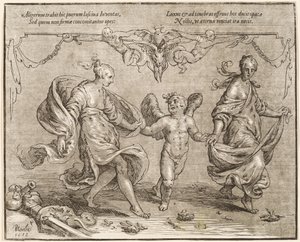 Cupido dançando com duas mulheres alegóricas de Paulus Moreelse