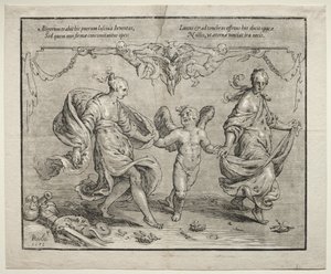 Cupido dançando com duas mulheres alegóricas de Paulus Moreelse