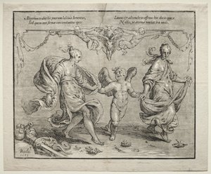 Cupido dançando com duas mulheres alegóricas, 1612. de Paulus Moreelse