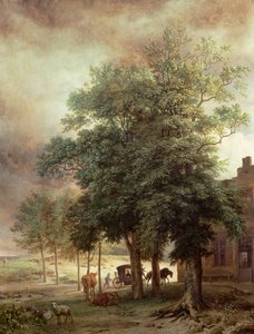 Paisagem com carruagem ou casa além das árvores de Paulus Potter