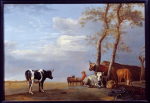 Paisagem com camponeses e animais. Pintura de Paul Potter (1625-1654) Ec. Hol. de Paulus Potter