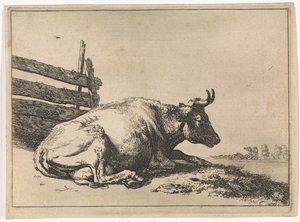 Vaca reclinada a uma cerca
O Livro dos Touros (título da série) de Paulus Potter