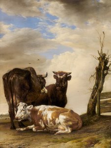 Duas vacas e um touro jovem ao lado de uma cerca em um prado de Paulus Potter