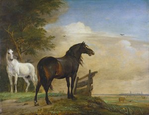 Dois cavalos perto de um portão no Prado de Paulus Potter