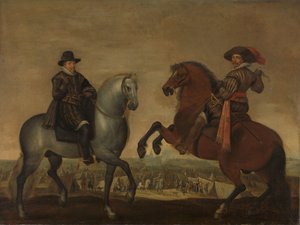 Os príncipes Maurits e Frederik Hendrik a cavalo de Pauwels van Hillegaert (workshop of)