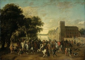 Príncipe Maurits, acompanhado pelo Príncipe Frederik Hendrik, Frederico V da Boémia e sua esposa Elizabeth Stuart, e outros, no Buitenhof, Haia de Pauwels van Hillegaert