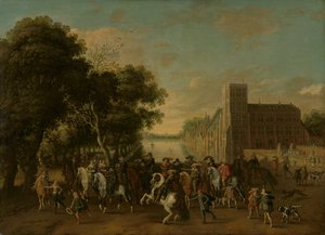 Príncipe Maurits, acompanhado pelo Príncipe Frederik Hendrik, Frederick V da Boémia e a sua Esposa Elizabeth Stuart, e outros, no Buitenhof, Haia