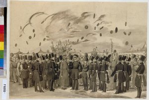 O Grão-Duque Michael Pavlovich (1798-1849) visita o Acampamento do Regimento da Guarda Imperial Finlandesa (ou Regimento da Guarda Finliandski), 8 de julho de 1837. (Grão-Duque Mikhail Pavlovich Visita o Acampamento do Regimento da Guarda da Finlândia em 8 de Pavel Andreevich Fedotov