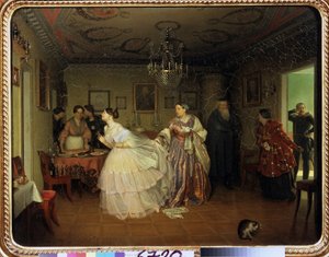 O Betrothal do Major. Descrição de uma sala de desenho, decoração, loiça e mobiliário do século XIX, Uma mulher idosa anuncia a chegada do major, a noiva larga o seu lenço de renda branca e vira-se alegremente para o lado, retida pelo