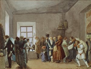 Sala de recepção dos comissários de polícia na noite anterior ao feriado de 1837 de Pavel Andreevich Fedotov