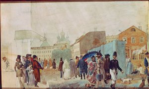 Cena de rua na chuva em Moscou. Obra de Pavel Andreyevich Fedotov (1815-1852), aquarela sobre papel de Pavel Andreevich Fedotov