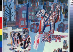 Animais. Monstros gigantes que invadem as ruas de uma cidade. Trabalho de Pavel Nikolayevich Filonov (1883-1941), óleo sobre papel de Pawel Nikolajewitsch Filonow