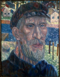 Membro de um kolkhoz. (Membro de Kolkhoz). Retrato de um agricultor na URSS, durante o período da política de colectivização, conduzida pelo governo de Joseph Stalin (Estaline) (Joseph Vissarionovich Dzhugashvili) (1879-1953), de 1928 a 1940. Pintura de Pawel Nikolajewitsch Filonow