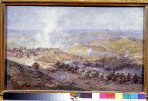 Uma cena da Guerra Russo-Turca (1876-1878) (Uma Cena da Guerra Russo-Turca). Campo de batalha nos Balcãs, onde os soldados do exército russo e do Império Otomano se enfrentam, durante o cerco de Pleven (ou Plevna, na Bulgária), em 1877. Pintura
