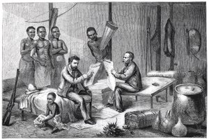 Livingstone e Stanley recebendo jornais na África Central, 1871-1873 de Pearson