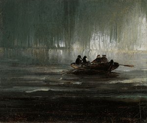 Luzes do Norte sobre quatro homens num barco a remos de Peder Balke