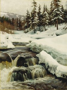 Uma paisagem de inverno com uma torrente de montanha de Peder Monsted