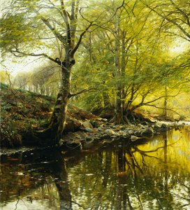Uma paisagem de rio arborizado de Peder Monsted