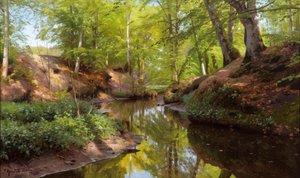 P.Mönsted, dia ensolarado no Waldbach de Peder Monsted