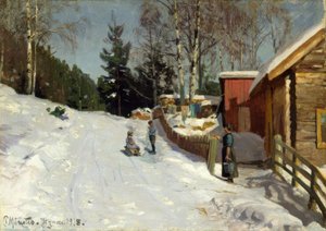 Crianças brincando na rua da vila de neve de Peder Monsted