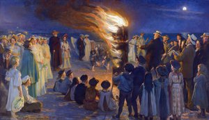 Fogueira de Verão na Praia de Skagen , por Kroyer, Peder Severin (1851-1909). Óleo sobre tela. Tamanho: 149,5x257 cm. Museu Skagen de Peder Severin Krøyer